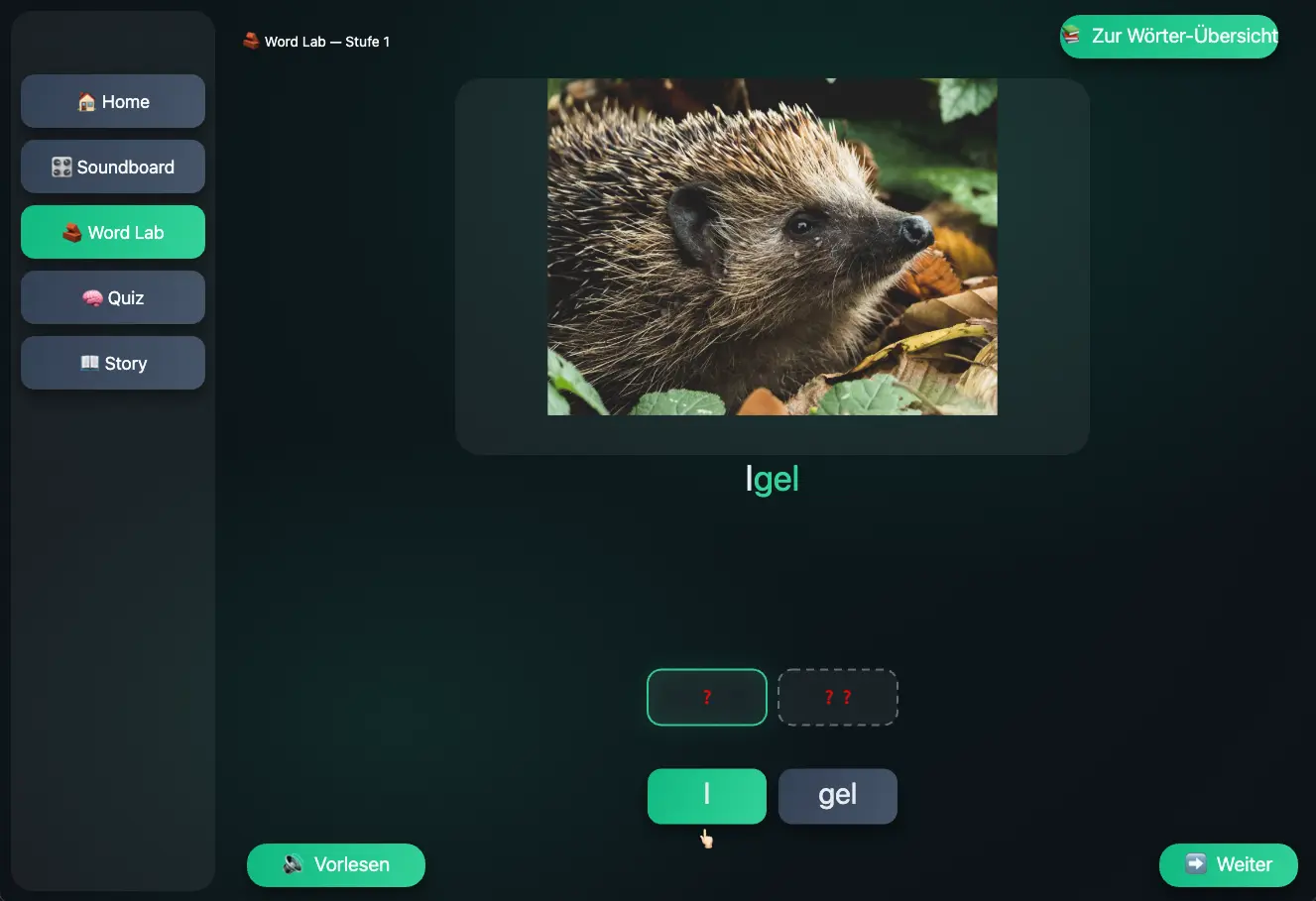 LeseSpaß Deutsch game interface
