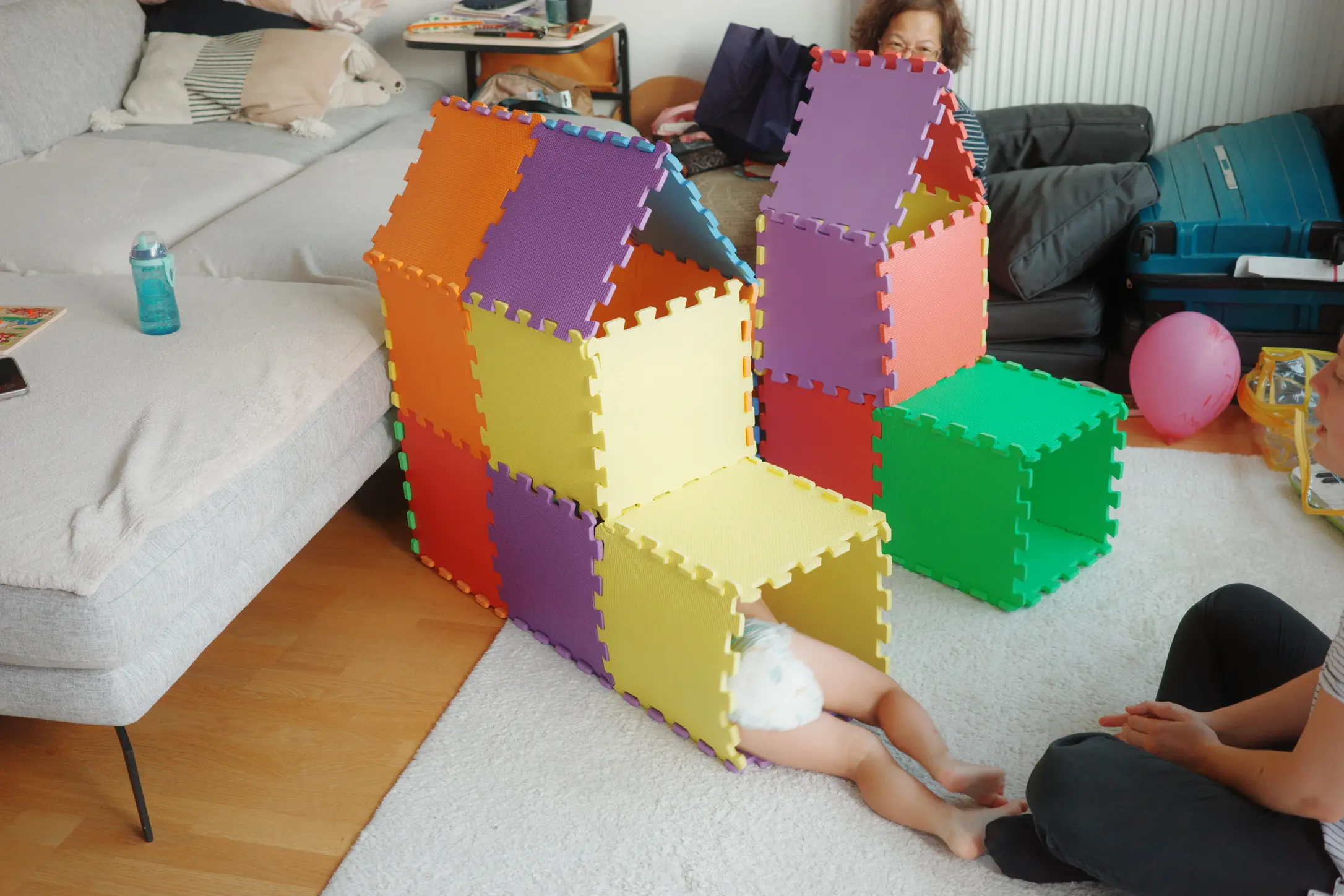 Twin Towers made of colorful puzzle mats