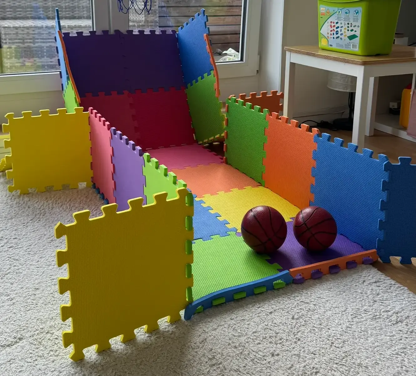 Basketball Arcade puzzle mat build with slanted return lane and arcade-style rebounds