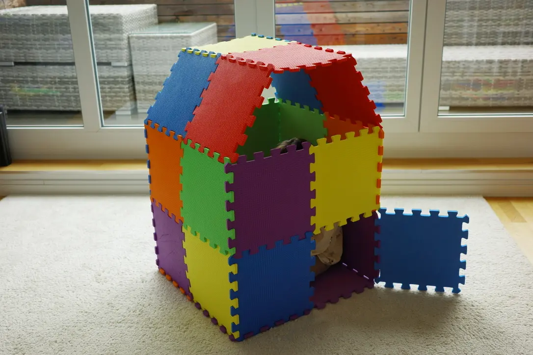 Doghouse Hideout made of colorful puzzle mats